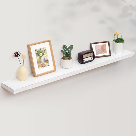 Floating Shelves for Wall, Rustic Elm Wood 56'' W x 8" D Wall Shelf with Invisible Bracket, Large Long Wall Mounted Storage Shelves for Living Room, Bedroom, Kitchen, Bathroom Decor, White Wash