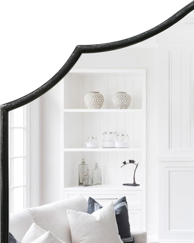 Besdomus Scalloped Arched Mirror for Mantel: 35"x26" Black Modern Wooden Wall Mirror - Minimalist Decorative Dresser for Vanity/Bathroom/Bedroom/Fireplace/Living Room/Entryway - Stylish Home Decor