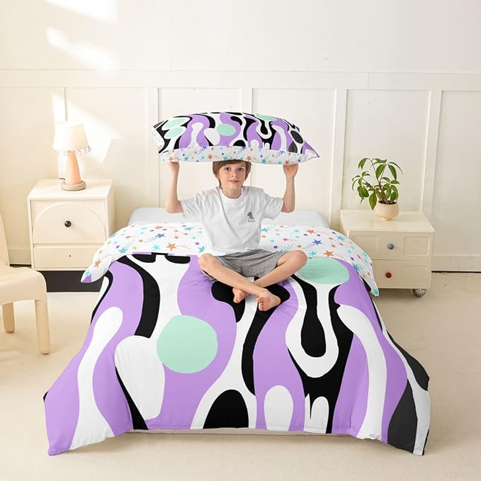 Erosebridal Organic Geometric Duvet Cover Set Modern Abstract Twin Bedding Sets for Girls Young Boys Retro Mid Century Comforter Cover Modern Fluid Art Irregular Circles Bed Set,Lavender Mint Green