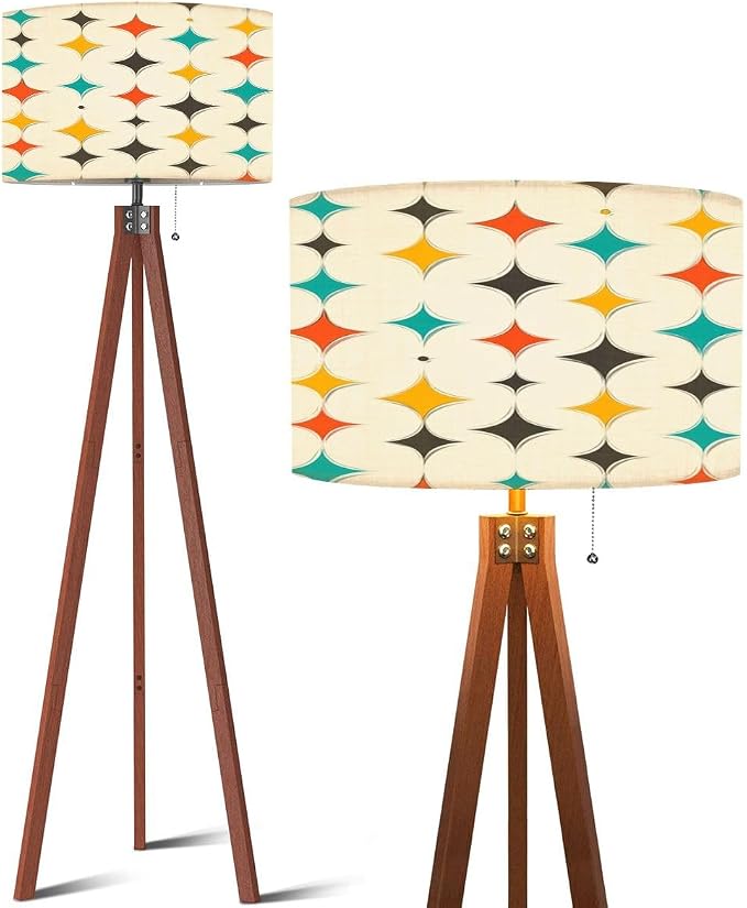 Wood Tripod Floor Lamp Mid Century Fifties Modern Stars Retro Colors Seamless Part Collection Mid Century Standing Lamp Linen Shade Dimmable Modern Tall lamp Home Decor for Living Room Bedroom Office
