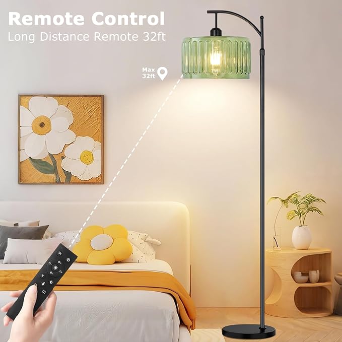 Black Floor Lamp for Living Room,Bedroom,Standing Lamp with Remote Dimmable Tall Lamp Vintage Retro Mid Century Modern Floor Lamps Arc Green Glass Lamp Floor Light Boho Bohemian