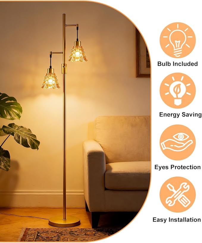 2-Light Modern Glass Floor Lamp, Gold Standing Tall Lamp with Amber Shell Glass Shade, Dimmable LED Floor Lamp with 5Lbs Heavy Base for Living Room Bedroom Home Decor, Bulb Included