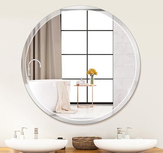 30-Inch Frameless Round Wall Mirror, Decorative Beveled Edge Bathroom Circle Mirror for Entryway, Washroom, Living Room and More