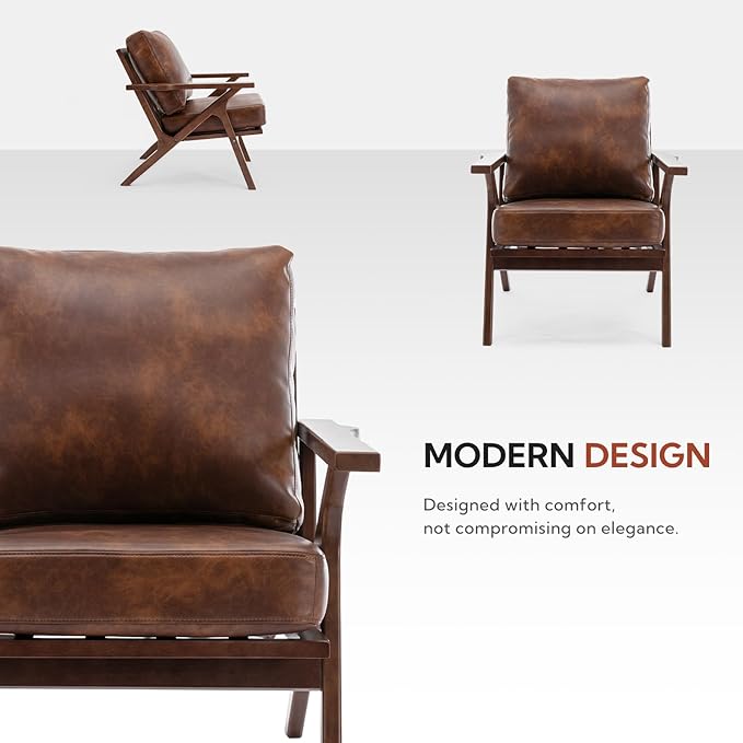 Bonzy Home Faux Leather Accent Chair for Living Room,Upholstered Armchair with Cushions and Solid Wood Frame, Mid-Century Modern Lounge Chair for Bedroom or Office,Brown