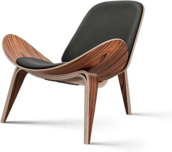 Mid Century Modern Shell Lounge Chair, PU Leather, Tripod Plywood Classic Design Solid Wood Accent Chairs for Living Room, Reading, Lounge, Office, Salon