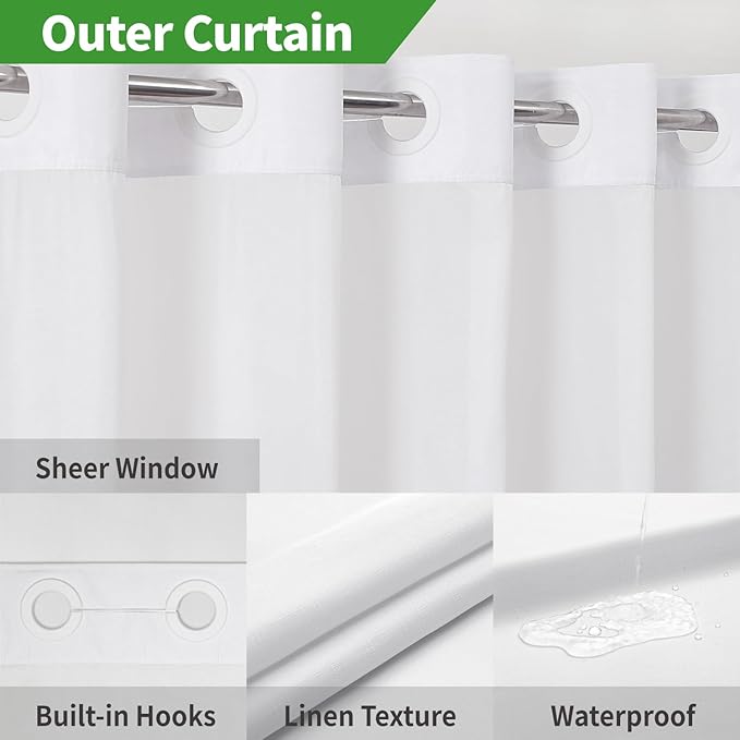 Extra Long No Hooks Needed Linen Textured Shower Curtain with Snap-in Fabric Liner Set,White Hotel Luxury Decor Shower Curtains for Bathroom,Waterproof & Washable,71Wx86H