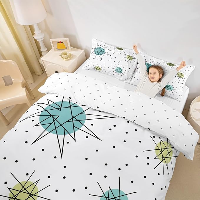 Erosebridal Geometric Polka Dots Comforter Cover Modern Mid Century Bed Set, Boho Minimalism Duvet Cover Full Size Hippie Atomic Bedding Sets, 1950s Old Fashion Bedspread Cover Super Cozy 3pcs
