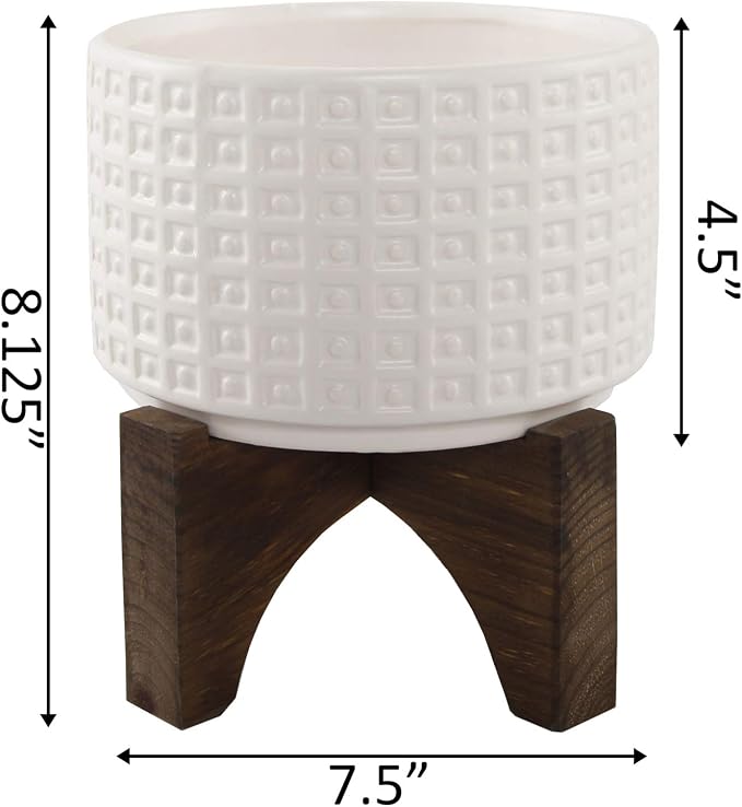 Flora Bunda Mid Century 7 inch Gladiator Texture Ceramic Wood Stand, Matte White
