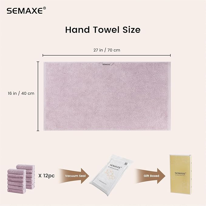 SEMAXE 12 Pack Hand Towels for Bathroom, 100% Cotton Towels with Hanging Loops, Soft and Highly Absorbent, Hand Towel Set for Gym, Shower, Hotel, Spa and Kitchen, Purple