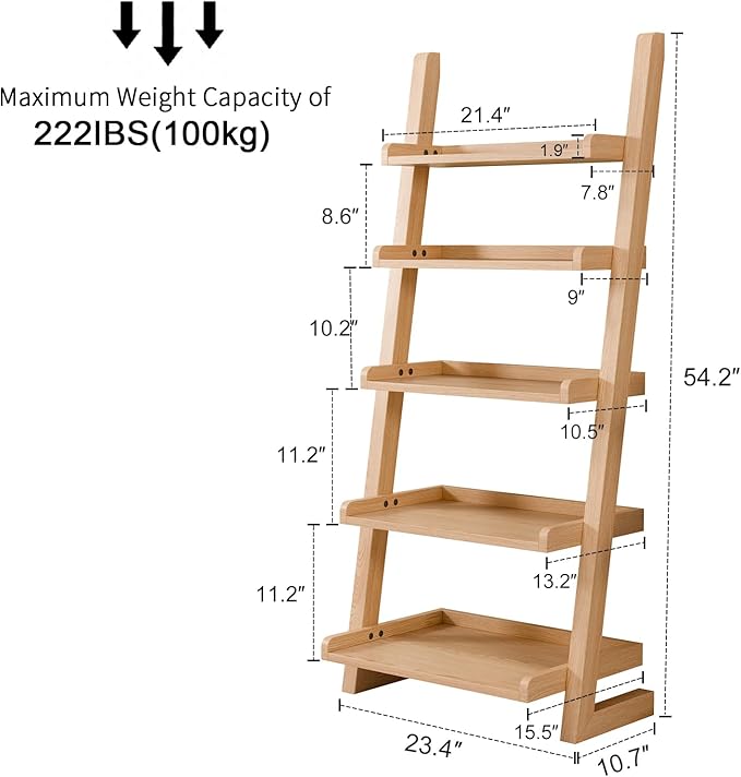 AQIMUELE Wooden Ladder Shelf with Edges, 5-Tier Modern Leaning Bookshelf Ladder – Stylish Space-Saving Bookcase for Living Room, Bedroom & Home Office