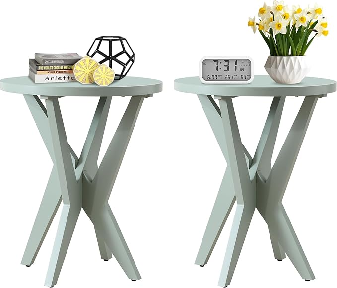 Modern Round End Table with Crossed Legs, Unique Small Green Side Table, Outdoor Accent Table, Easy Assembly Bedside Table for Living Room, Balcony, Small Spaces