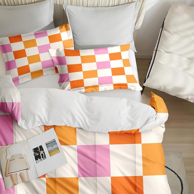 Comforter Set with 2 Pillowcases King Size, Pink Orange Plaid Buffalo Checkered, Bed Decor Hippie Retro 70s Geometric Checkerboard Grid for Kids and Adults, Soft Cozy Bedroom Bedding Set