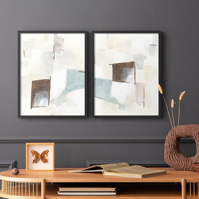 Renditions Gallery Set of 2 Peel & Stick Framed Prints, Abstract Wall Art, Minimalist Color Block Brush Strokes Wall Decor, Re-Stickable - Ready to Hang - 8"x10" - Black Frame LT588