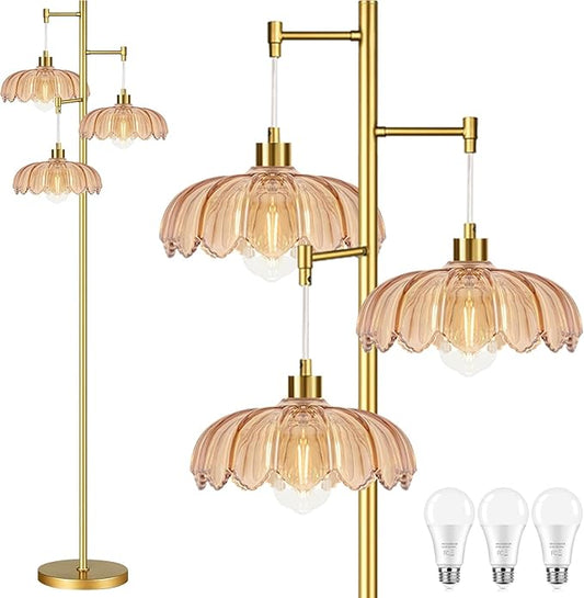 Floor Lamp for Living Room,Bedroom,Gold Mid Century Modern Standing Lamp Brass Tree 3 Light Tall Floor Lamps Vintage Retro Floor Lights Glass Flower Lamp Shade Farmhouse Boho Bohemian