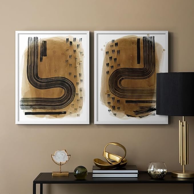 Renditions Gallery Set of 2 Peel & Stick Framed Prints, Abstract Wall Art, Hand Drawn Ink Curves Wall Decor, Re-Stickable - Ready to Hang - 16"x20" - White Frame LT588