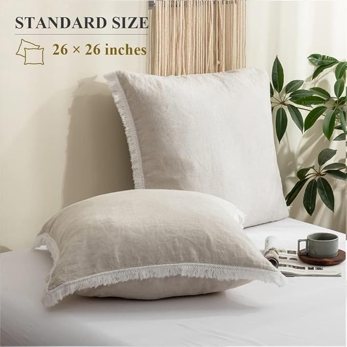 Simple&Opulence 100% Linen Euro Sham Pillow Covers Belgian Flax-Set of 2, Decorative Pillow Cover with Tassels, Boho Shabby Chic Style for Couch/Bed, Natural Linen, 26" x 26"