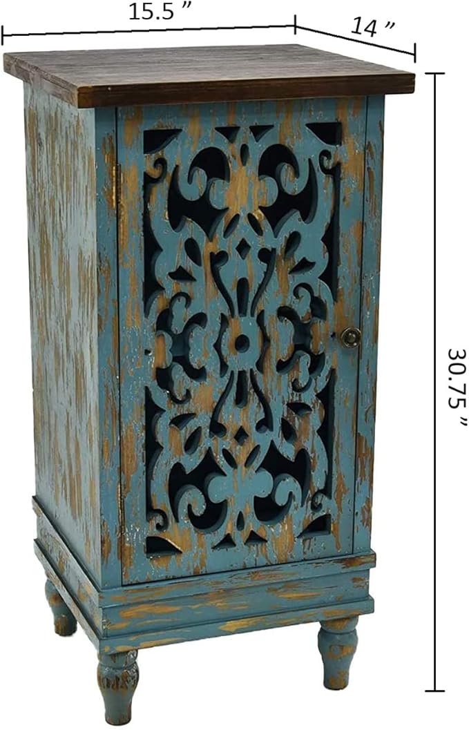eHemco Distressed Blue Accent End Table with Pierced Floral Fretwork Door – Vintage Rustic Wood Storage Side Table for Living Room