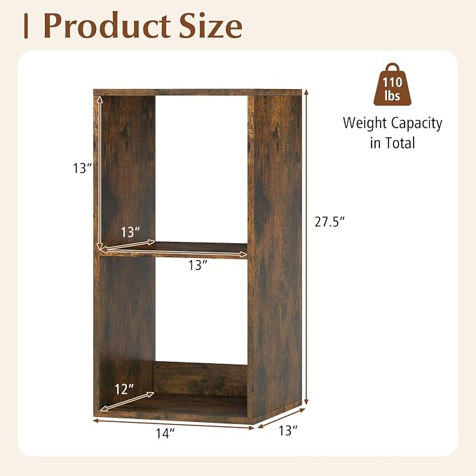 Tangkula 2-Cube Bookcase, 3-Tier Bookshelf with Open Compartments, Freestanding Cube Storage Organizer with Anti-Toppling Kits, Modern Display Shelf for Living Room, Study (1, Rustic Brown, 2-Cube)