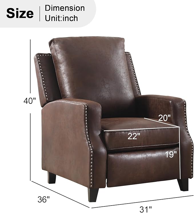 Push Back Recliner Chair Faux Leather Pushback Armchair with Rivet Decoration Wingback Single Sofa Chair with Padded Seat Solid Wood Legs for Living Room, Comfy Upholstered, Reddish Brown