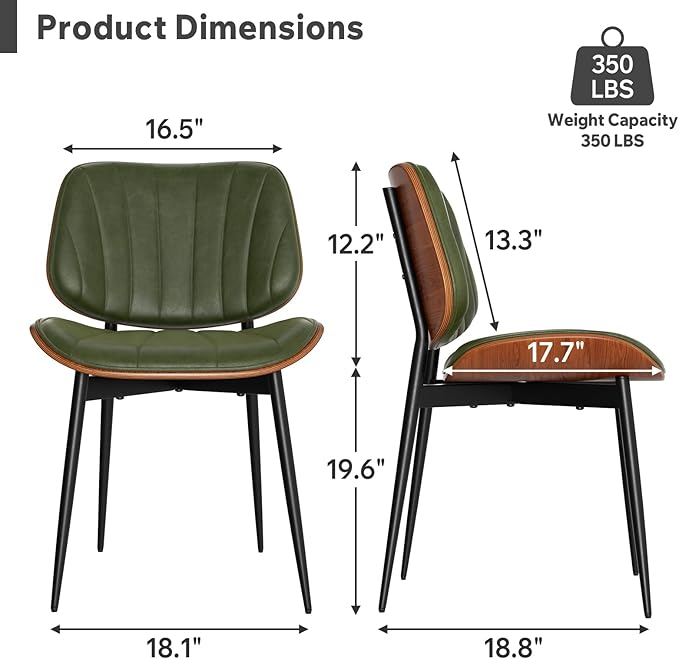 Dining Chairs Set of 8, Mid Century Modern Dining Room Chair, Upholstered Faux Leather Kitchen Chairs with Walnut Bentwood Back and Metal Legs for Kitchen Dining Room Living Room, Green