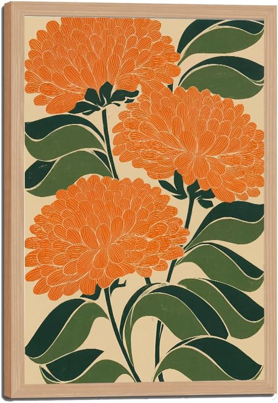 Colorful Art Deco Floral Framed Wall Art Abstract Maximalist Flower Poster Print with Solid Wood Frame, Mid Century Modern Boho Picture Painting Wall Decor for Living Room Bedroom 16x24 Inches