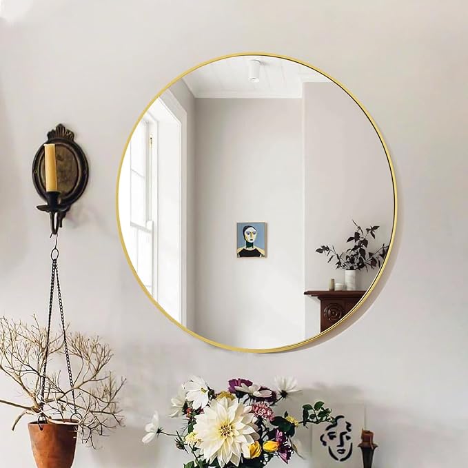 VooBang Gold Round Mirror - 16" Circle Wall Mirror with Simple Metal Frame, Modern for Bathroom, Bedroom, Entryway