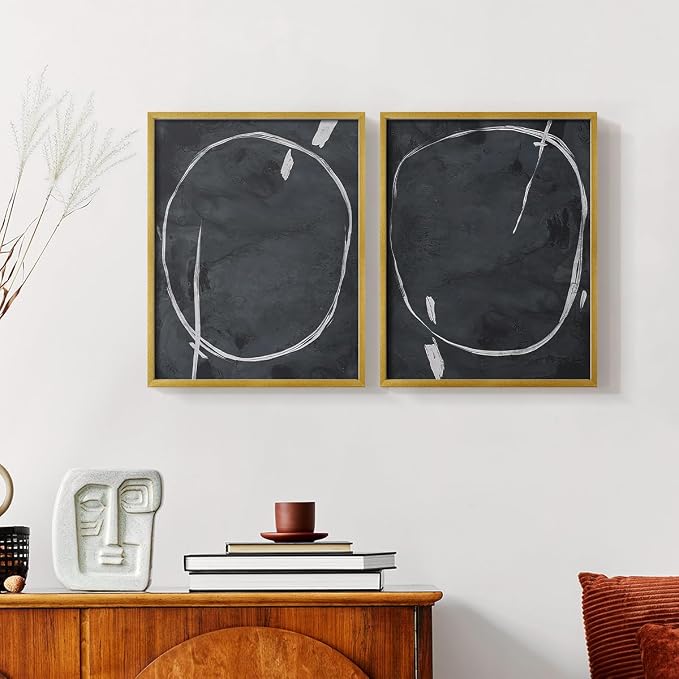 Renditions Gallery Set of 2 Peel & Stick Framed Prints, Abstract Wall Art, Circular Momentum Design Wall Decor, Re-Stickable - Ready to Hang - 8"x10" - GOLD Frame LT588