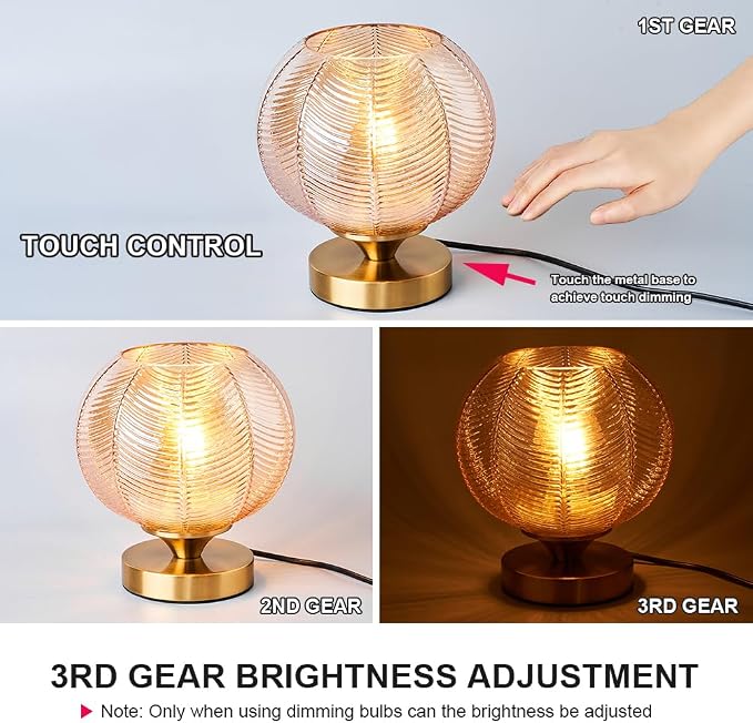 Mid-Century Modern Glass Table Lamp 3 Brightness Levels Dimmable Touch Control Desk Lights with Plug in Cord On/Off Switch, Globe Decor Nightstand Lamps for Bedroom Living Room Office (Amber)