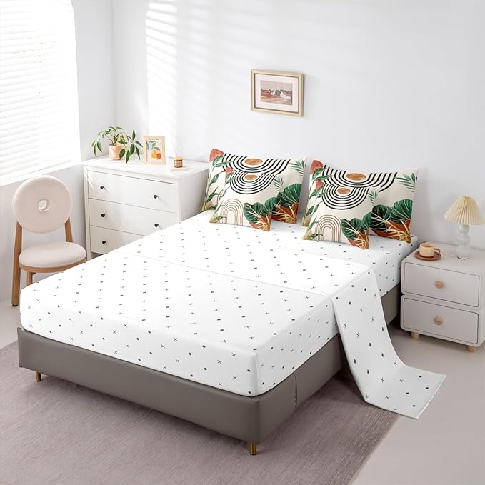 Erosebridal Modern Mid Century Bedding Set King Abstract Bohemian Minimalist Comforter Set 7 Piece Modern Boho Brick Red Aesthetic Bed in A Bag Nature Stripes Palm Leaf Quilt with Flat Fitted Sheet