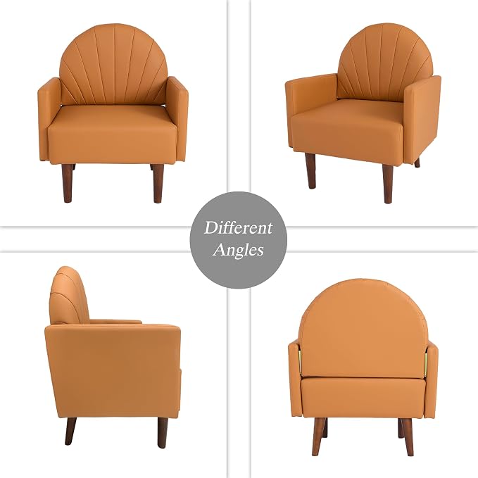 PU Accent Chairs for Living Room with High-Density Foam Cushion, Mid-Century Single Sofa Armchair with Solid Wood Legs Upholstered Reading Chair for Bedroom Home Office (Shell Orange)