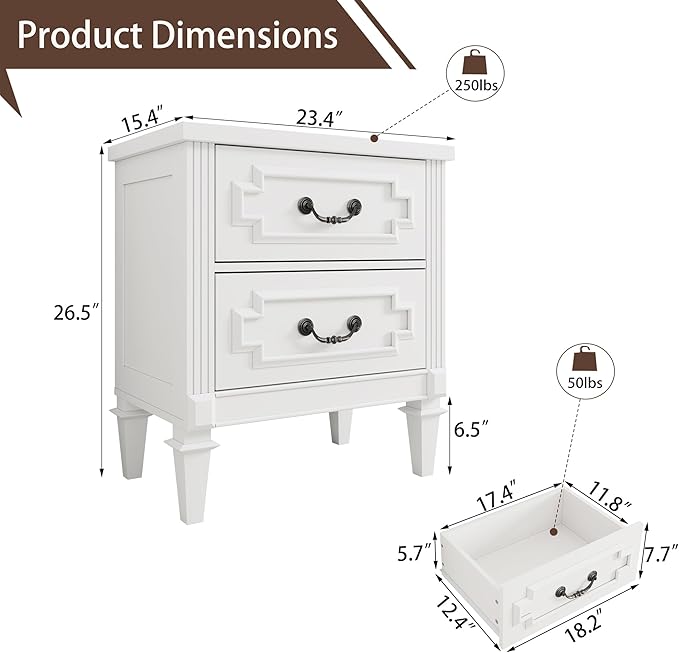Farmhouse Nightstand wtih Vintage Surface, 30" End Table, Side Table with 2 Drawers Storage Cabinet for Bedroom, Living Room, White