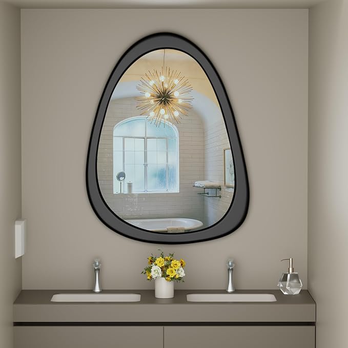 COOL2DAY Irregular Mirror,Asymmetrical Wood Wall Frame Abstract Assymetrical Decorative Mirror,Black Odd Shaped Mid Century Mirrors for Living Room Bedroom Entryway Bathroom Home Decor