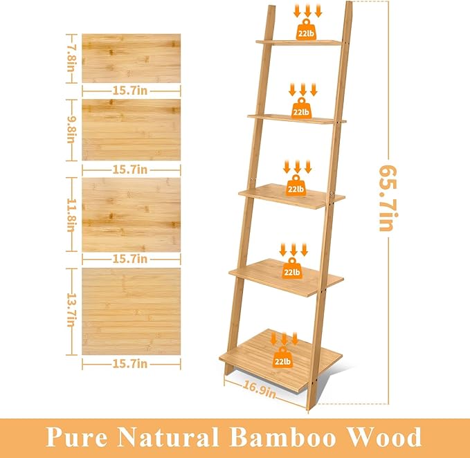 Wall Leaning Ladder Shelf Bookcase,5-Tier Bamboo Storage Rack Shelvest,FreeStanding Plant Stand, Corner Display Shelves for Living Room, Bathroom, Kitchen, Office(65in)