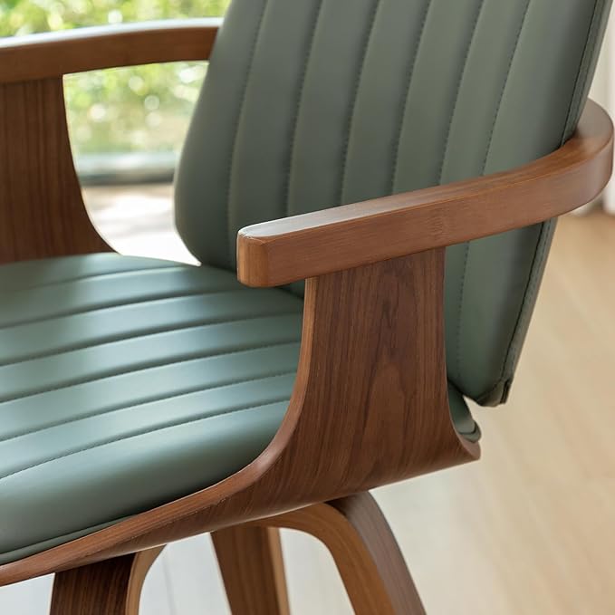 MCM Dining Chairs, Set of 6 Mid Century Modern Chairs with Walnut Craftsmanship, Upholstered Faux Leather, Wooden Arms and Legs, Faux Leather Dining Chairs for Kitchen/Living Room - Green