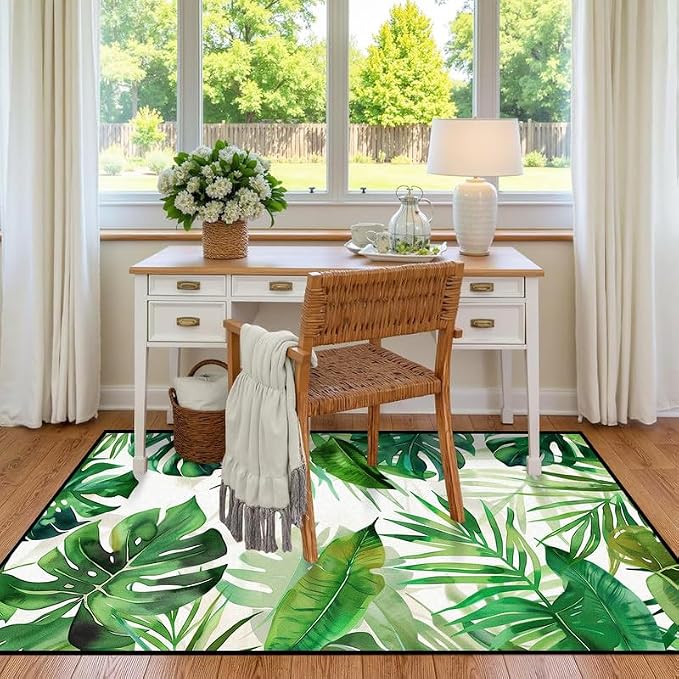 2'x3' Tropical Palm Leaf Rug Monstera Banana Leaves Floor Mat for Entryway Bedroom Living Room Nursery Playroom Home Decor Washable Low Pile Green Botanical Area Rug