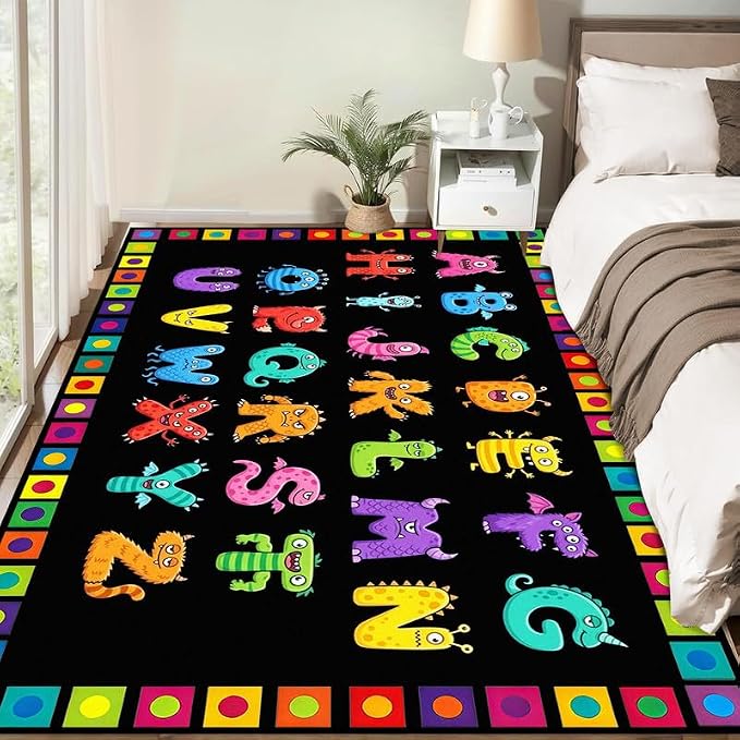 Alphabet Monster Area Rug for Kids 5'x7' Colorful ABC Learning Carpet Non Slip Educational Play Mat for Nursery Bedroom Playroom Classroom Living Room Home Decor