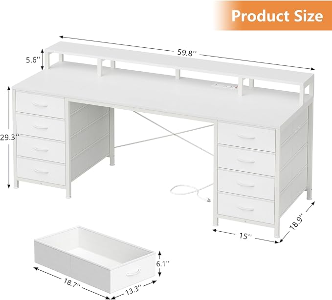 YOMILUVE 60 Inch Computer Desk with 8 Fabric Drawers, Gaming Desk with LED Lights & Power Outlets, Home Office Desk with Monitor Stand, White
