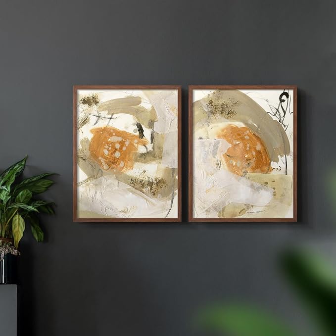 Renditions Gallery Set of 2 Peel & Stick Framed Prints, Neutral Abstract Wall Art, Earthy Tones Blended Brushstrokes Wall Decor, Re-Stickable - Ready to Hang - 8"x10" - Walnut Frame LT588