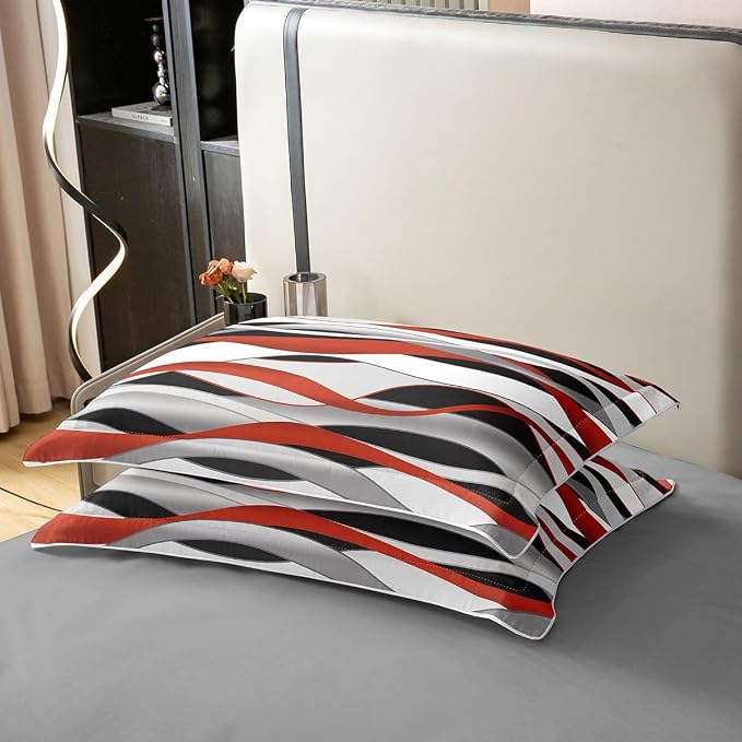 Erosebridal Red Grey Black Lines Bedding Set Twin Modern Wave Stripe 100% Cotton Duvet Cover Striped Lines Comforter Cover for Kids Teens Adults Geometric Spiral Print Bed Set 2 Pcs