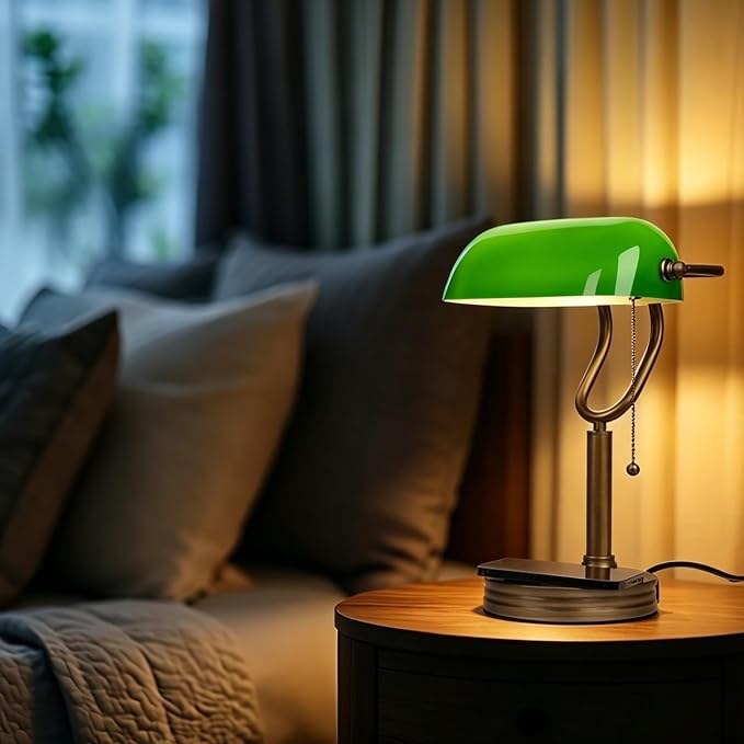 Green Glass Bankers Lamp, Retro Desk Lamp with USB Wireless Charging Port, Classic Pull Chain Switch Table lamp, for Home Office nightstand Bedside Study Desk Library