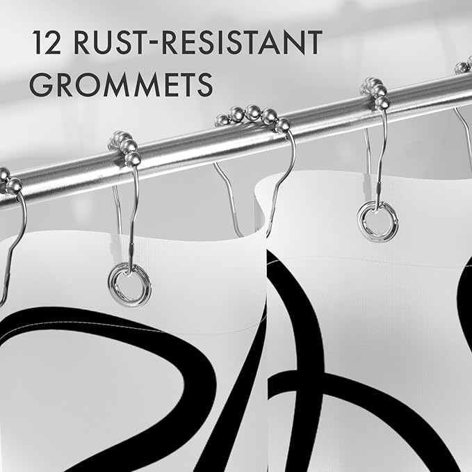 AmazerBath Shower Curtain, Washable Cloth Black and White Shower Curtain Sets with 12 Metal Shower Curtain Hooks, Rustic Abstract Black Lines Art Fabric Shower Curtains for Bathroom Decor, 72x72 Inch