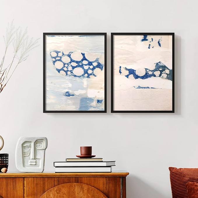 Renditions Gallery Set of 2 Peel & Stick Framed Prints, Textured Abstract Wall Art, White Blue Bubble Like Pattern Wall Decor, Re-Stickable - Ready to Hang - 11"x14" - Black Frame LT588