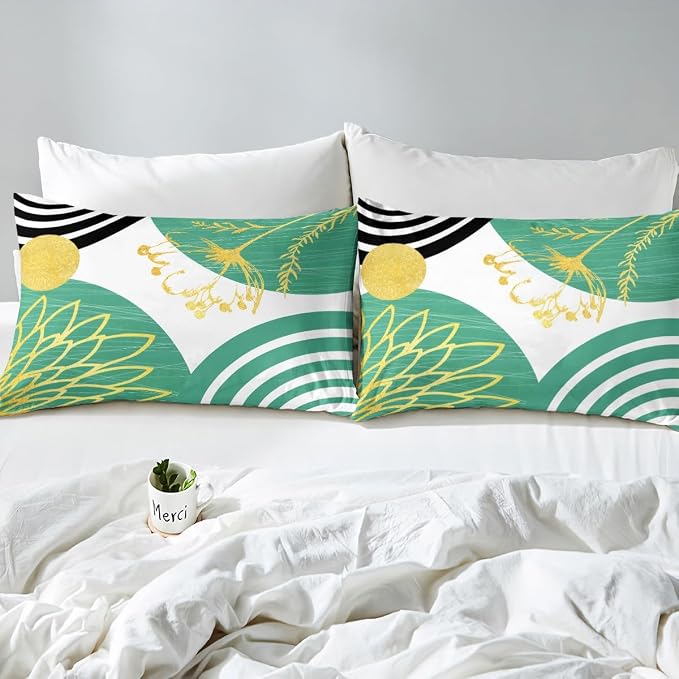 Erosebridal Turquoise Boho Modern Queen Comforter Cover for Women Men Adults - Mid Century Abstract Duvet Cover Bohemian Geometric Bed Set Chic Contemporary Stripes Bedding Set