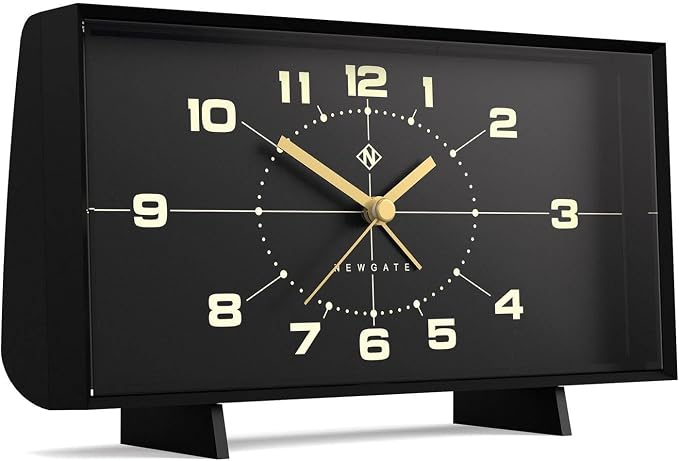 NEWGATE® Wideboy Alarm Clock | Rectangular Retro Design | Black | Mid-Century dial | Ideal for Bedside, Desk, Mantel or Shelf | Retro Bedroom & Office Accessory