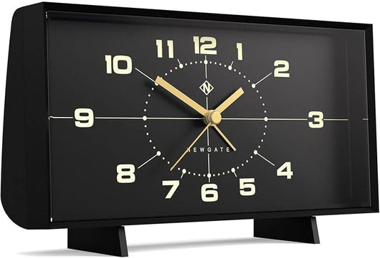 NEWGATE® Wideboy Alarm Clock | Rectangular Retro Design | Black | Mid-Century dial | Ideal for Bedside, Desk, Mantel or Shelf | Retro Bedroom & Office Accessory