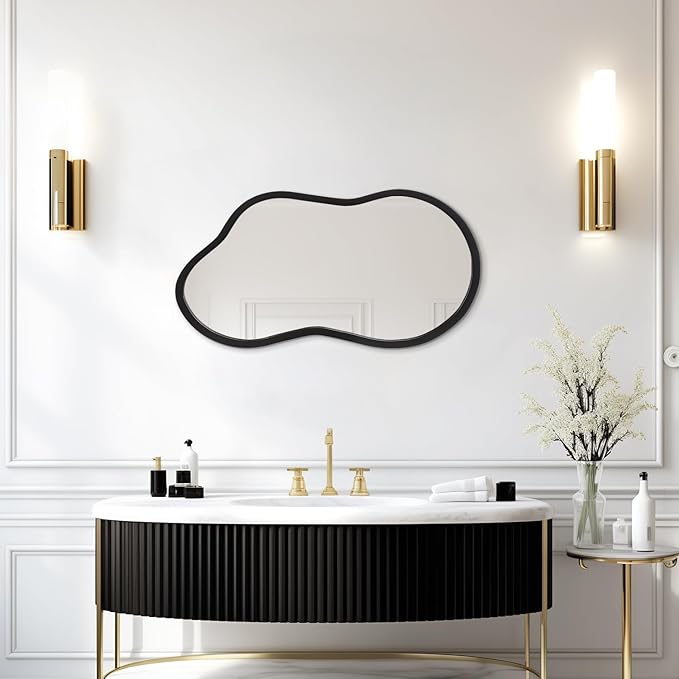 AAZZKANG Black Wall Mirror with Wood Framed Small Irregular Hanging Mirrors Modern Asymmetrical for Bedroom Living Room Entryway Bathroom Decorative 18"x10"