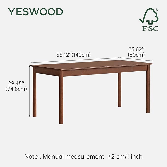 YESWOOD 100% Solid Wood Desk, Mid Century Modern Computer Desk, Home Office Writing Desk with Drawers for Study Living Room 55.11" W