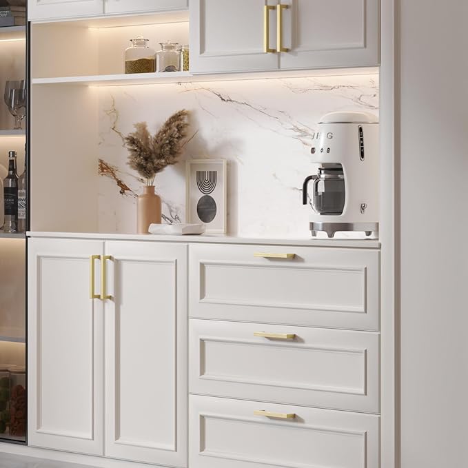 goldenwarm 10 Pack 3-3/4in Cabinet Pulls Brass Kitchen Furniture Hardware - LSJ12GD96 Modern Dresser Drawer Handles Brushed Gold Bathroom Cabinet Door Pull Handles