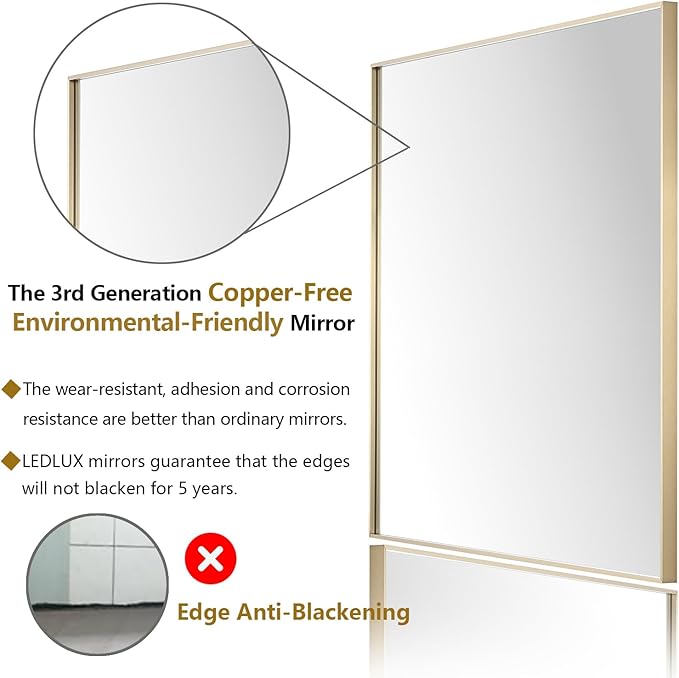 24x40 Inch Gold Bathroom Mirror - Copper-Free Mirror, Aluminum Alloy Frame Vanity Rectangle Wall Mounted Modern Mirror for Bedroom/Living Room/Porch Horizontal or Vertical