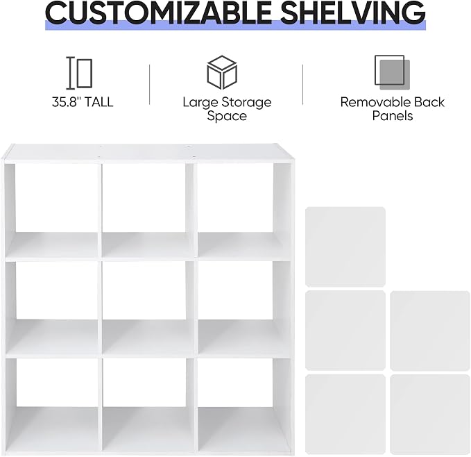 ZenStyle 9 Cube Storage Shelf Organizer, Wooden Bookshelf System Display Cube Shelves Compartments, Customizable W/ 5 Removable Back Panels (White)